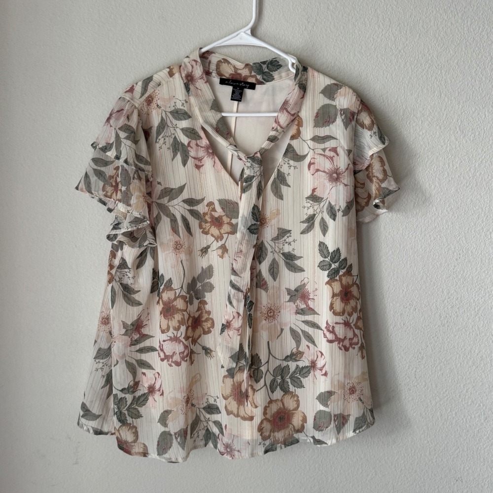 A Love Story Womens 1X Floral Flutter Sleeve Tie Neck Metallic Stripe Blouse Top